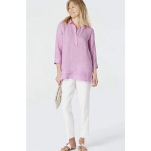 J Jill Love Linen Tunic Top Womens M Purple Collared 1/2 Button Popover Shirt